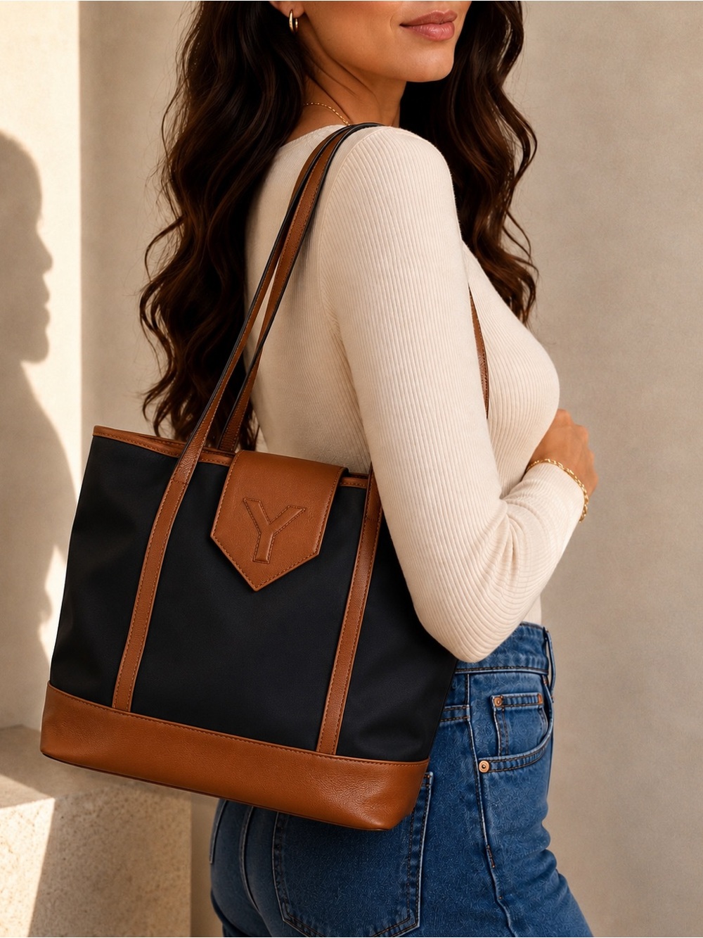 Yves Saint Laurent YSL Vintage Black Canvas Brown Leather Bucket Tote Bag COA - Picture 2 of 16